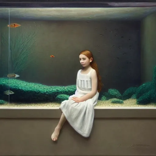 Prompt: oil painting of girl sitting in fish tank drowning alone. she is wearing a white dress and has long brown hair. by aron wiesenfeld.