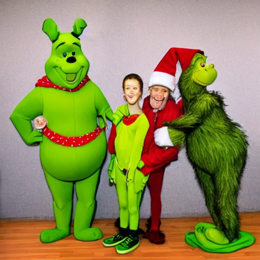 Image similar to winnie the pooh alone as the grinch, winnie the pooh cast as the grinch, full body shot