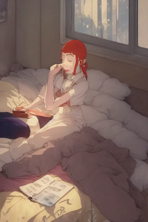 Image similar to a teenage girl with white short hair in a jk uniform outfit in the bedroom reading a book in a night, raining outside the window, grey and orange theme, by krenz cushart and mucha and akihito yoshida and greg rutkowski and makoto shinkai, 4 k resolution