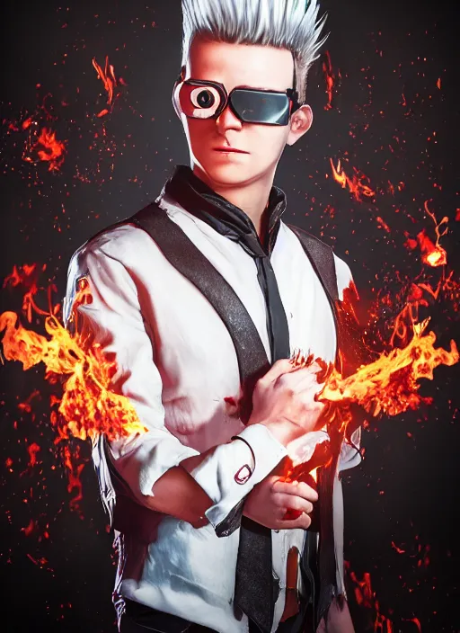 Image similar to An epic fantasy comic book style portrait painting of young man with long red spiked hair. Wearing a black waistcoat, white shirt, using googles. Blasting fire on his hands. Unreal 5, DAZ, hyperrealistic, octane render, cosplay, RPG portrait, dynamic lighting