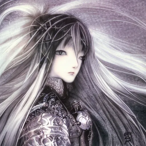 Image similar to yoshitaka amano blurred and dreamy illustration of an anime girl with black eyes, wavy white hair fluttering in the wind wearing elden ring armor with engraving, abstract black and white patterns in the background, noisy film grain effect, highly detailed, renaissance oil painting, weird portrait angle, blurred lost edges, three quarter view