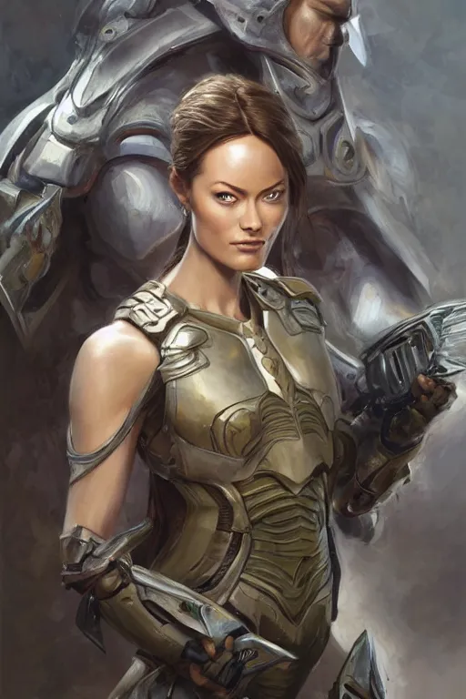 Image similar to a professional painting of a young Olivia Wilde, clothes in military armor, olive skin, long dark hair, beautiful bone structure, symmetrical facial features, intricate, elegant, digital painting, concept art, smooth, sharp focus, illustration, from StarCraft by Ruan Jia and Mandy Jurgens and Artgerm and William-Adolphe Bouguerea