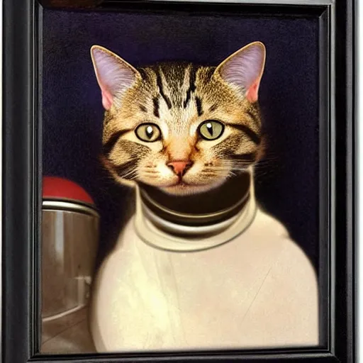 Image similar to portrait of a cat astronaut with armor and helmet, by bouguereau