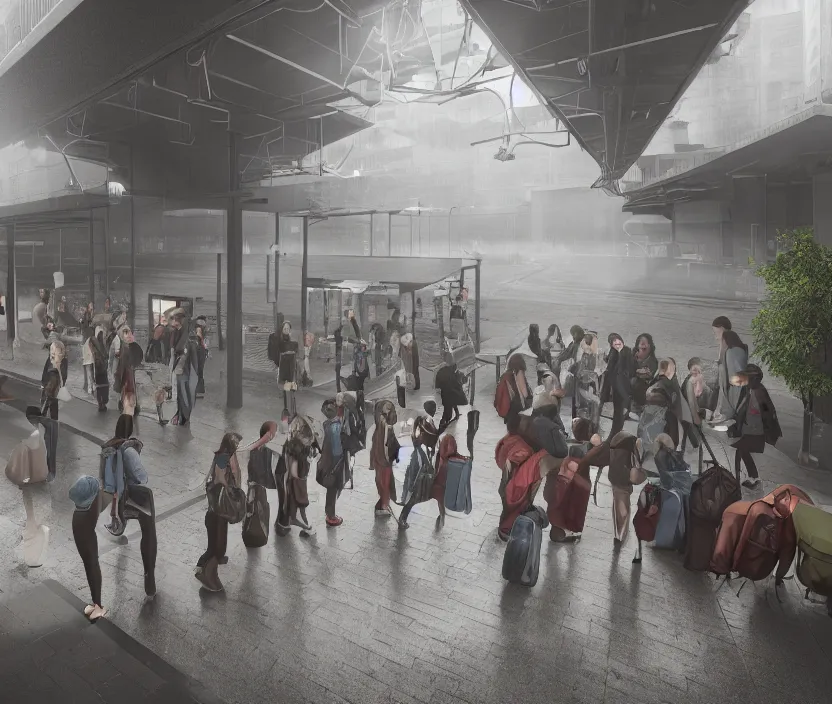 Image similar to School girls waiting on a urban train station, gloomy and foggy atmosphere, octane render, artstation trending, horror scene, highly detailded