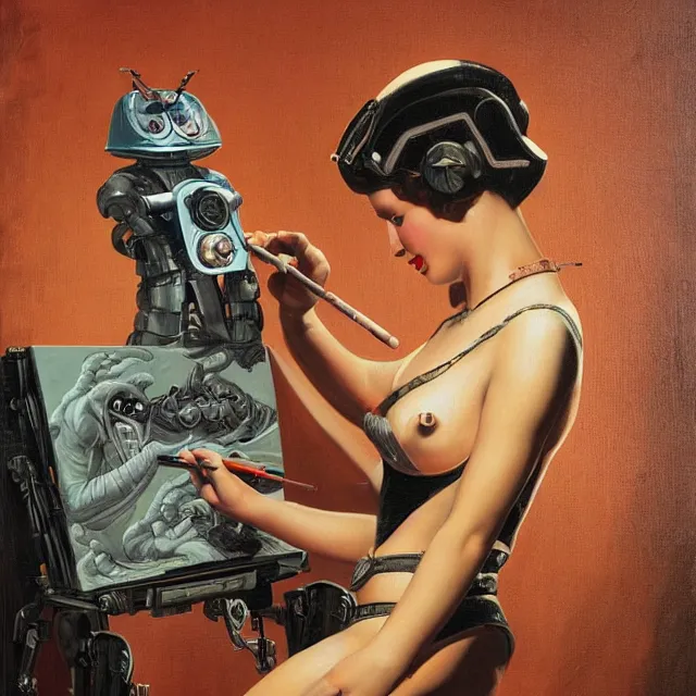 Image similar to robot artist painting a self - portrait on a canvas. intricate, highly detailed, digital matte painting in the style of gil elvgren and in the style of wayne barlowe. irony, recursion, inspiration.