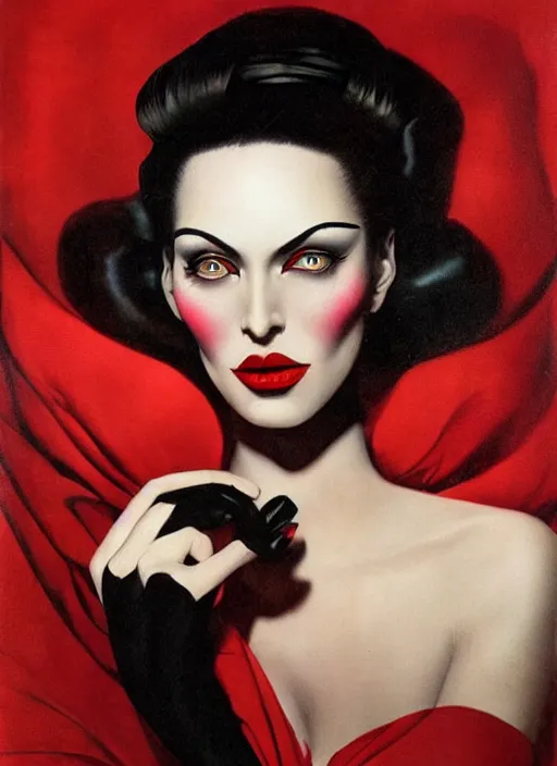 Image similar to an 8 0 s portrait of a woman with dark eye - shadow and red lips with dark slicked back hair dreaming acid - fueled hallucinations by serge lutens, rolf armstrong, delphin enjolras, peter elson, red cloth background