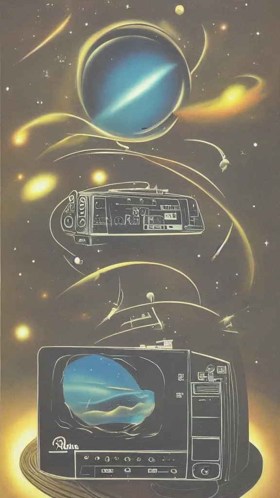 Image similar to 1 9 8 0 s airbrush surrealism illustration of a radio over a cosmic landscape by ryo ohshita