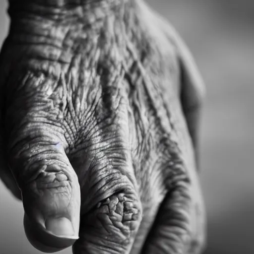 Image similar to closeup photograph of an old, wrinkled hand. Shallow depth of field. Strong keylight.