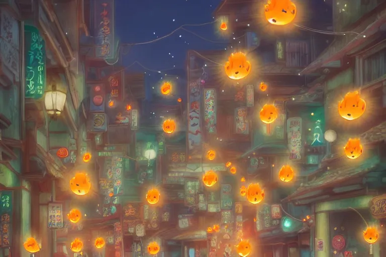 Image similar to fantasy art of glowing goldfish swimming in the air, in the streets of a japanese town at night, with children outside watching in wonder, in the style of studio ghibli and makoto shinkai, highly detailed digital art, trending on artstation