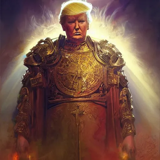 Prompt: god emperor donald trump in the style of craig mullins, greg rutkowski, peter mohrbacher, and drew struzan. epic, majestic, awe inspiring, god rays, fissures, divine, church painting, intricate armor, extreme detail, high octane,