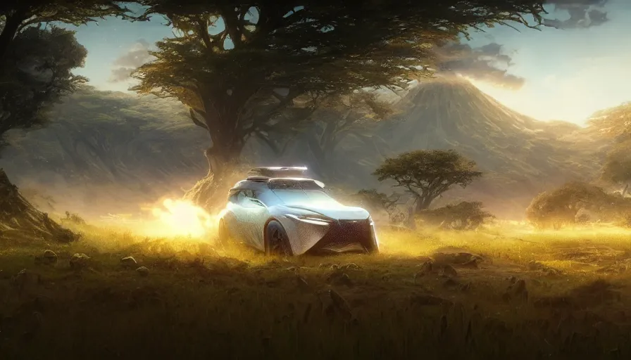 Image similar to a concept suv designed by apple driving through african savanna, artgerm and greg rutkowski and alphonse mucha, an epic fantasy, volumetric light, detailed, establishing shot, an epic fantasy, trending on art station, octane render, midsommar