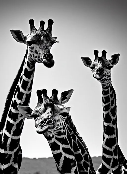 Image similar to two giraffe black and white portrait white sky in background