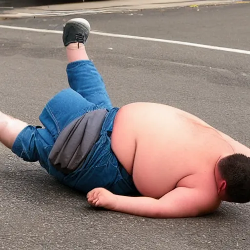 Prompt: obese man falls over