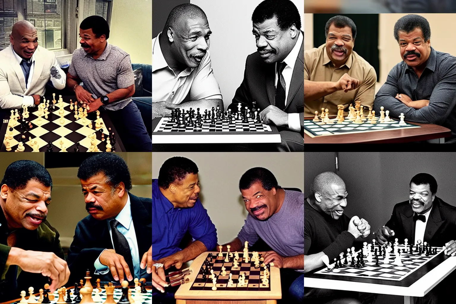 Prompt: “Mike Tyson and Neil degrasse Tyson playing chess”