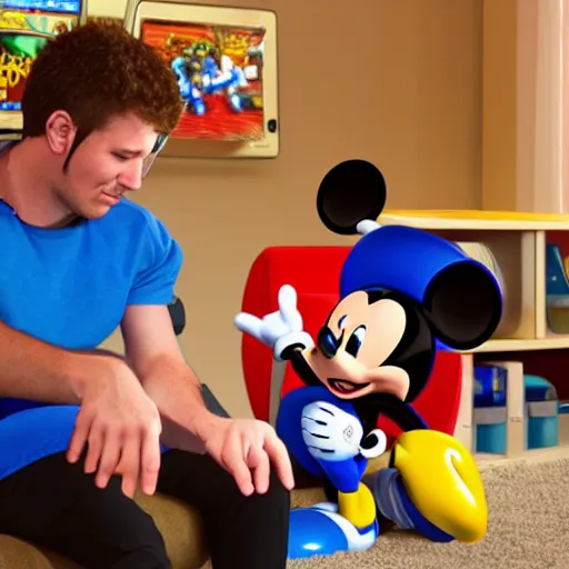 Prompt: mickey mouse playing video games with sonic