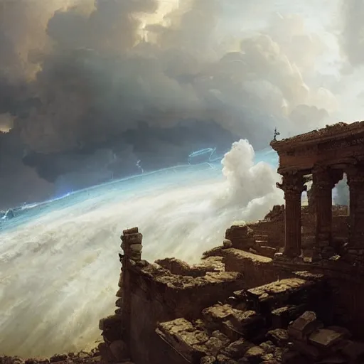 Prompt: Panorama view of a hurricane lifting the ruins of an ancient city into a sea of clouds, oil painting, by Greg Rutkowski