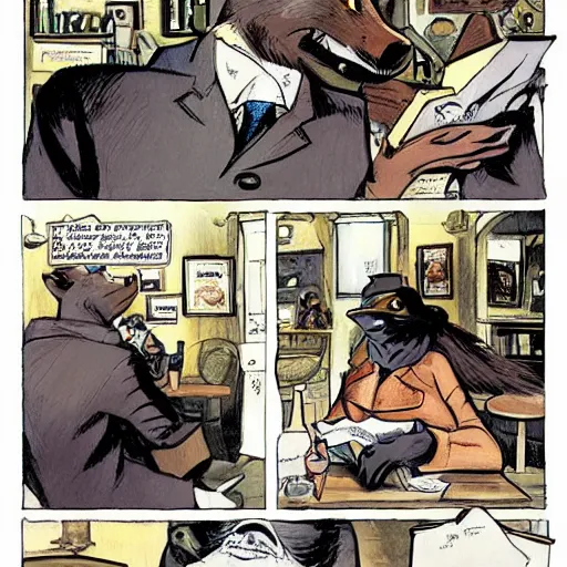 Image similar to blacksad read love letters in a pub