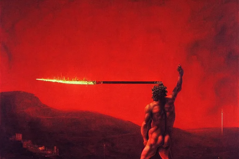 Image similar to only with red, a red melted apollo with a laurel wreath and a flaming sword announce the win, athens in the background, in the style of beksinski, part by hopper, part by rodcenko, part by hofbauer, intricate composition, red by caravaggio, insanely quality, highly detailed, masterpiece, red light, artstation