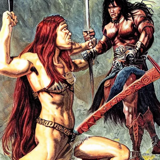 Prompt: portrait of conan the barbarian protecting the queen of zamorra from an attack by giant lizards