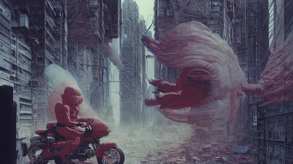 Image similar to realistic aesthetic highly detailed photography of characters in akira scene, characters with hyperrealistic highly detailed faces. from akira by katsuhiro otomo and alejandro hodorovski and denis villeneuve and gregory crewdson style with many details by mike winkelmann and vincent di fate in sci - fi style. volumetric natural light hyperrealism photo on dsmc 3 system
