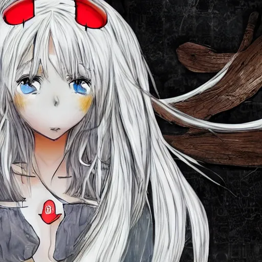 Image similar to white hair, red eyes, two small horn on the head, anime style, anime girl,