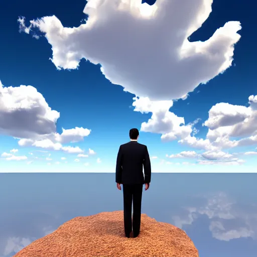 Prompt: sad businessman on empty island, beautiful sky, rendered in bryce3d, bryce, 3d