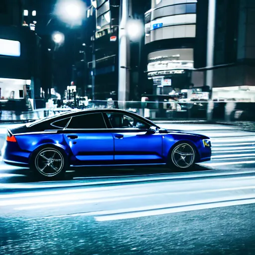 Image similar to photo of a dark - blue audi a 7 sportsback designed by aaple at night driving fast through a shibuya, cinematic, 4 k, long exposure photography, tokyo drift, fast and furious, kodak portra 4 0 0