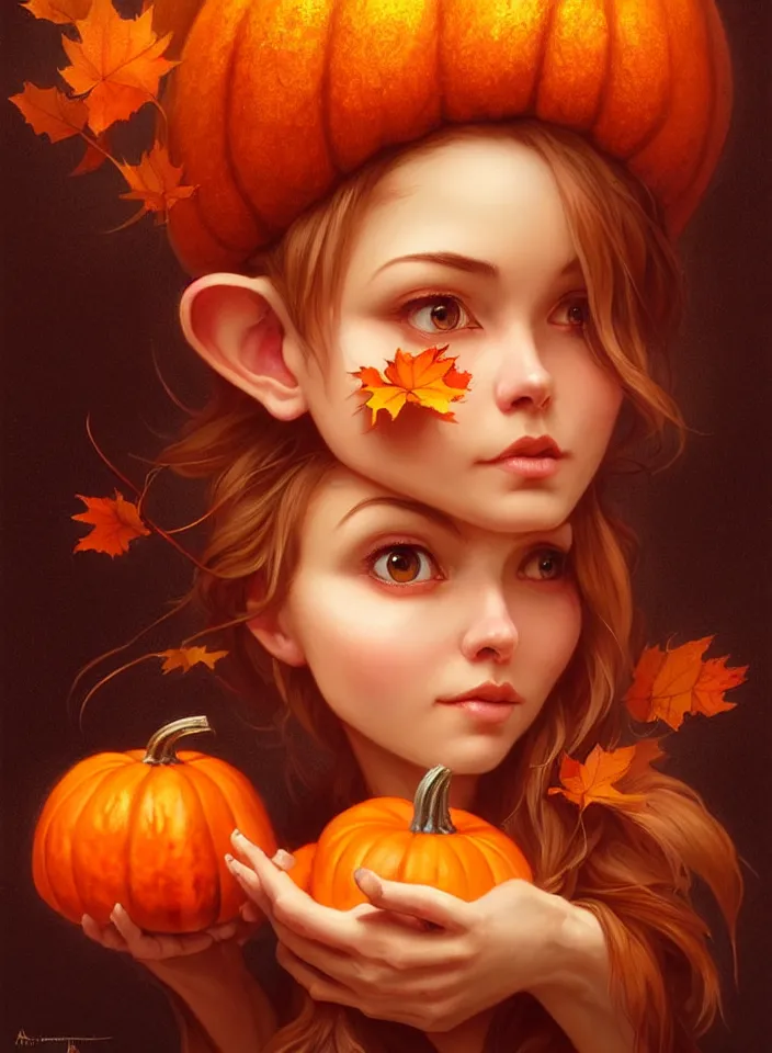 Image similar to hand drawn cute one gnomes face in autumn and pumpkin, detailed closeup face, concept art, low angle, high detail, warm lighting, volumetric, godrays, vivid, beautiful, trending on artstation, art by artgerm and greg rutkowski and alphonse mucha