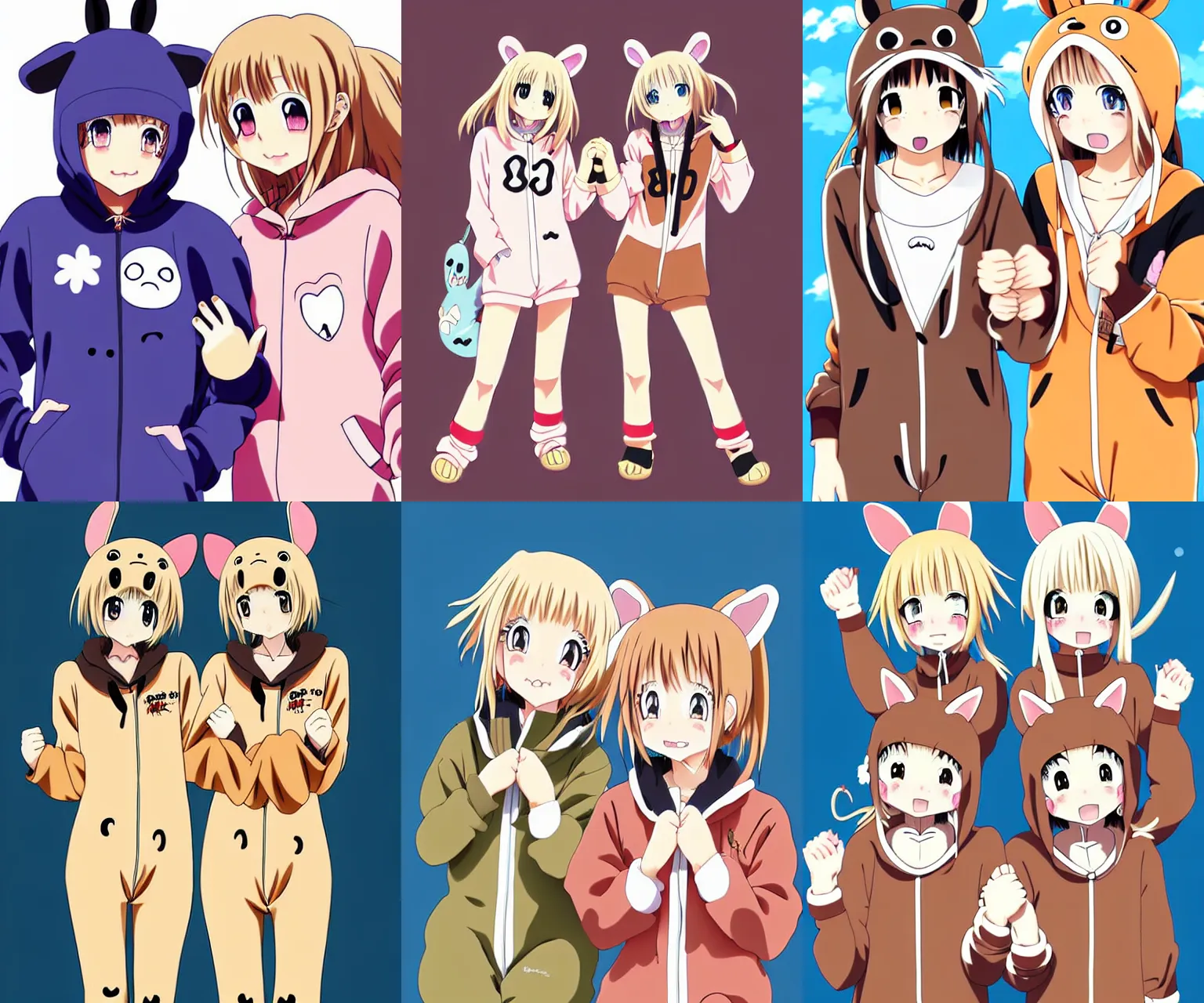 Prompt: one blonde, one brown haired excited and happy anime girls in animal themed onesies holding hands looking at us, anime illustrated, digital art, cute, detailed faces, well drawn faces, cute faces, hand drawn, in the style of hidehiko sakamura and hayao miyazaki