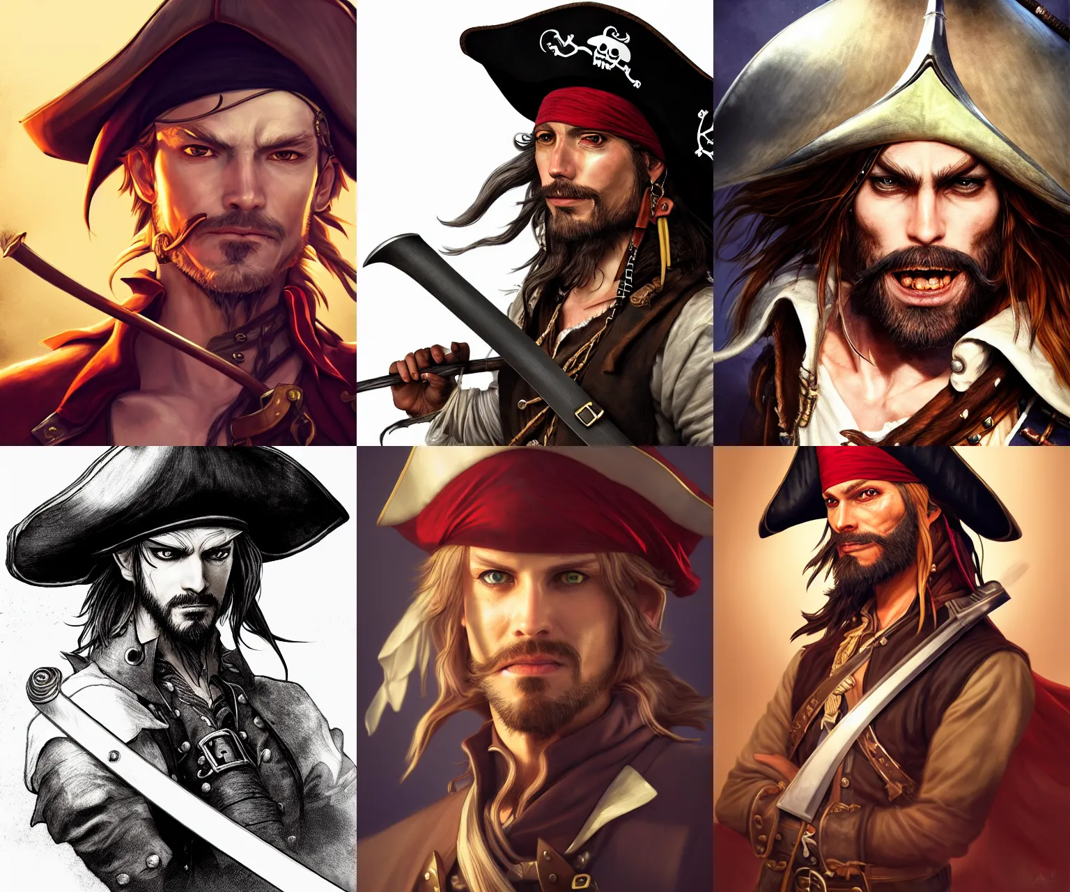 Prompt: portrait of a pirate in a tricorn hat wielding a saber, bearded, cinematic lighting, artstation, trending, highly detailed, focus, smooth, by hirohiko araki and yoshitaka amano