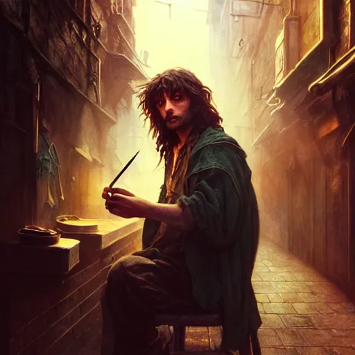 Prompt: Drug addict hobbit smoking crack in a dark alley, ultra realistic, concept art, intricate details, dark, highly detailed, photorealistic, octane render, 8k, unreal engine, art by artgerm and greg rutkowski and alphonse mucha