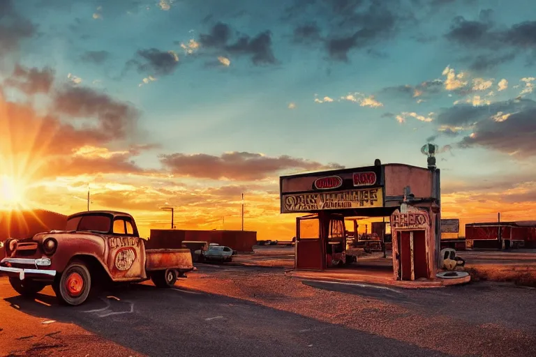 Image similar to a sunset light landscape with historical route 6 6, lots of sparkling details and sun ray ’ s, blinding backlight, smoke, volumetric lighting, colorful, octane, 3 5 mm, abandoned gas station, old rusty pickup - truck, beautiful epic colored reflections, very colorful heavenly, softlight