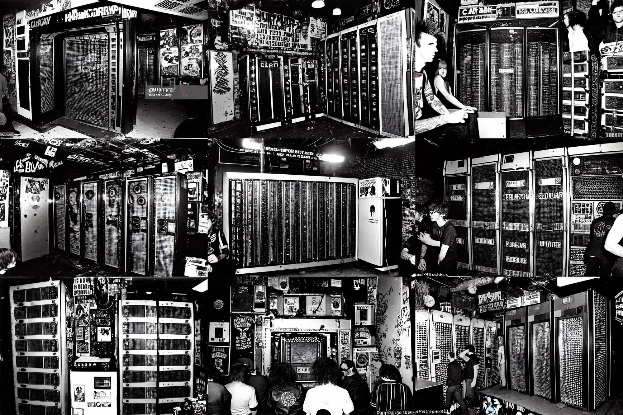 Prompt: the cray - 1 supercomputer at the punk club cbgb in new york city in the seventies, enjoying a live hardcore concert with the boys, many beers, very punk, total hardcore, loud, energetic, iconic hairstyles
