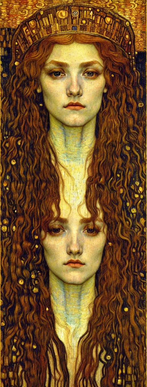 Image similar to detailed realistic beautiful young medieval queen face portrait by jean delville, gustav klimt and vincent van gogh, art nouveau, symbolist, visionary, gothic, pre - raphaelite, muted earthy colors, desaturated