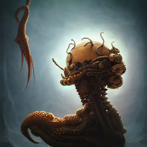 Image similar to by artgerm and agostino arrivabene, visually stunning, cinematic, ultra realistic, hyper realism, epic, octane render, unreal engine, vfx, maya, alien space knight, octopus and medieval knight chimera, fungal enchanter, murloc tinyfin, dread infernal, wee whelp, battle ram