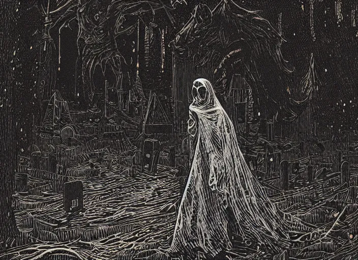 Image similar to two tone woodcut print, ghost in graveyard at midnight by greg rutkowski, fine details, highly detailed