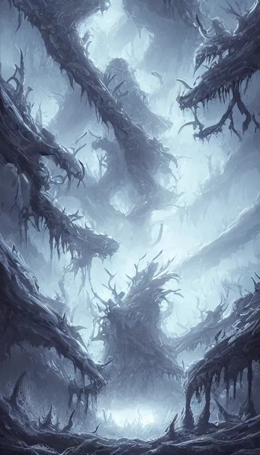 Image similar to a storm vortex made of many demonic eyes and teeth over a forest, by ross tran