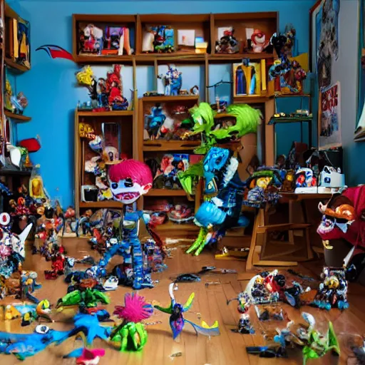 Prompt: a crazy war of action dolls in a room of a crazy boy, he has several broken and deformed weirdhorror toys, the the room design is with vibrant colors and monsters characters