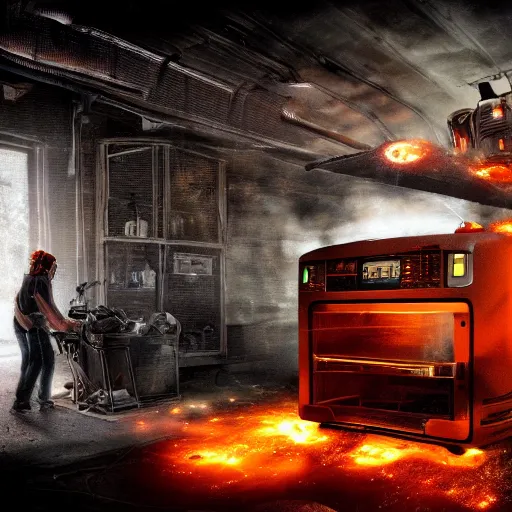 Image similar to cyborg toaster oven repairman, dark messy smoke - filled cluttered workshop, dark, dramatic lighting, orange tint, sparks, plasma rays, cinematic, highly detailed, sci - fi, futuristic, movie still