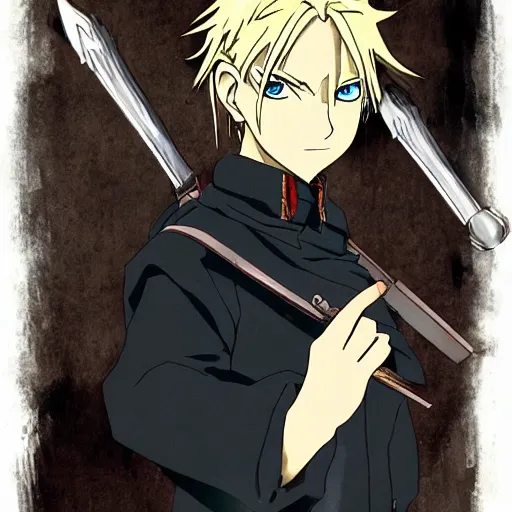 Prompt: young blonde boy thief with daggers in a steampunk city, full metal alchemist, anime style