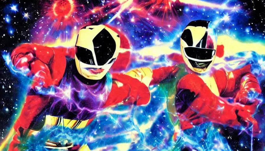 Prompt: Carl Sagan as Power Ranger, art by Noriyoshi Ohrai and Lisa Frank