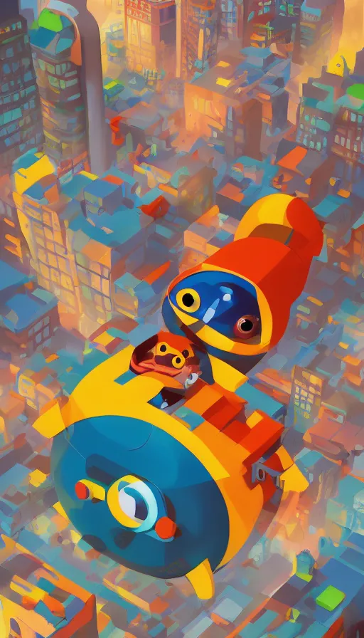 Image similar to painting of giant pororo attacking city, retrofuturism, behance, bold colors and shapes, trending on artstation