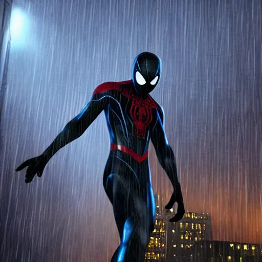 Image similar to black tech suit spider - man blue eyes hanging in tall tower at night rain ultra realistic high quality 8 k photo realistic highly detailed