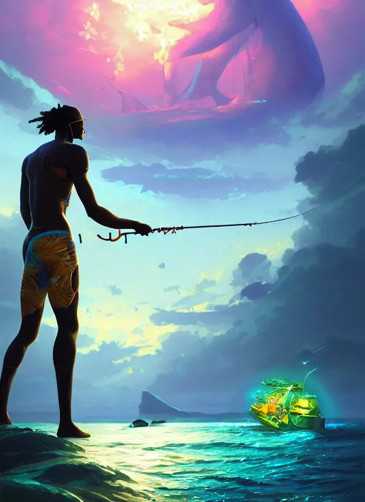 Image similar to portrait of a male jamaican fisherman sci - fi glowing fishing armor fishing rod cyberpunk muscular intricate elegant highly detailed digital painting artstation concept art, ocean background, reggae colors, cinematic, greg rutkowski, loish, rhads, ferdinand knab, makoto shinkai and lois van baarle, ilya kuvshinov, rossdraws, tom bagshaw