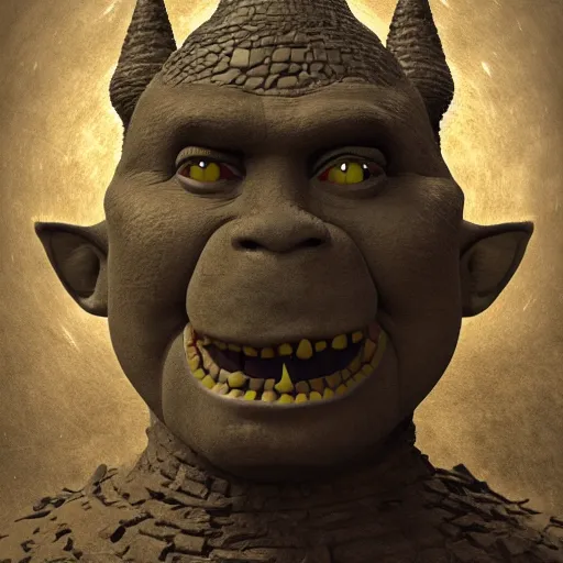 Prompt: what it would look like if golem and shrek had a baby with nanny mcphee and goldielocks, ornate, dynamic, particulate, intricate, elegant, highly detailed, centered, artstation, smooth, sharp focus, octane render, 3 d