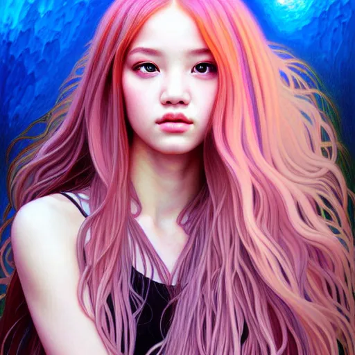 Image similar to portrait of jossi of blackpink, fractal goddess, highly detailed, digital painting, smooth, sharp focus, illustration, ultra realistic, 8 k, art by artgerm and alphonse mucha