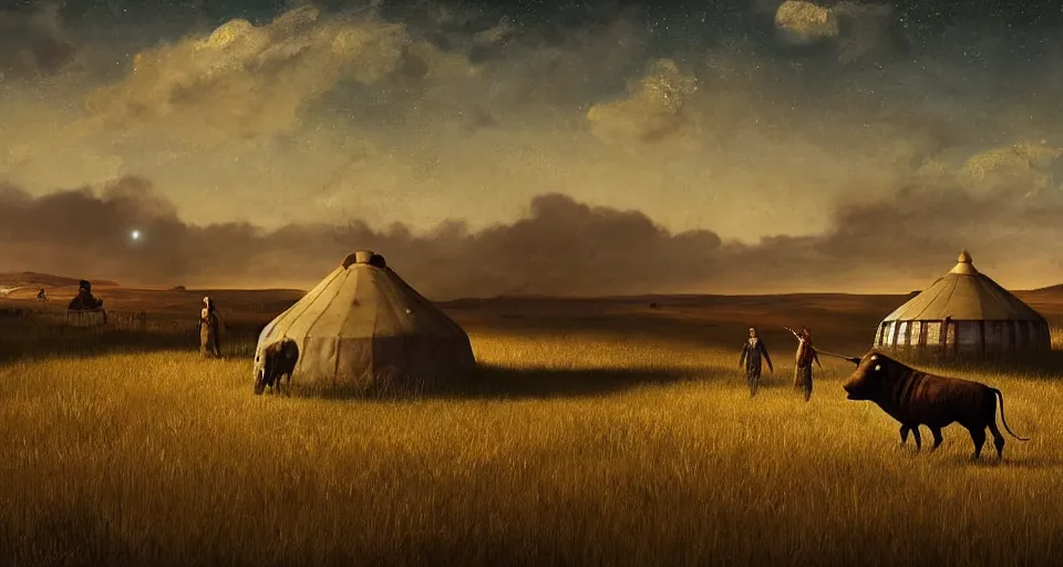 Prompt: deep night, stars shining, a yurt, a bull, in the steppe, summer field, from the game pathologic 2, highly detailed, sharp focus, matte painting, by isaac levitan and asher brown durand,