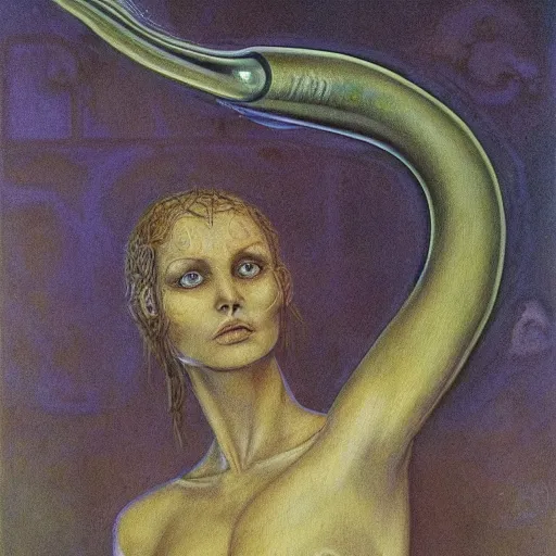 Prompt: eyes, tentacle-enabled underwater human descendant, futuristic painting by jim burns, edward burne-jones, dagon, hd 8k