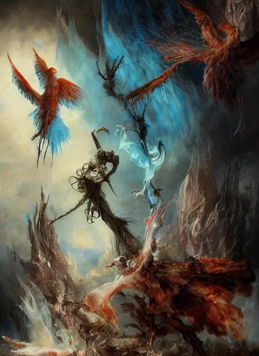 Prompt: breathtaking soft painting of many birds with pale veil feathers, outside of a meat cathedral in flames with cyan stained glass, by guillermo lorca and peter mohrbacher, white milk splash in bleeding meat and flesh, dynamic movement, gothic bones and meat, rembrandt style, elegant, highly detailed, artstation, concept art, fantasy art, sharp focus,