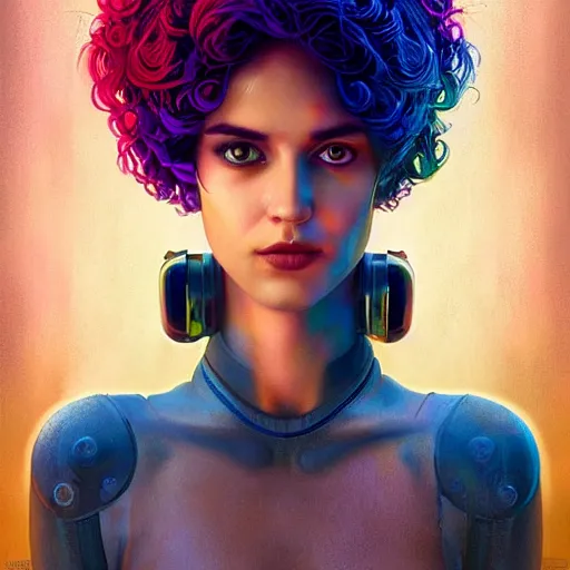 Prompt: Lofi cyberpunk portrait beautiful woman with short brown curly hair, roman face, rainbow, Pixar style, Tristan Eaton, Stanley Artgerm, Tom Bagshaw